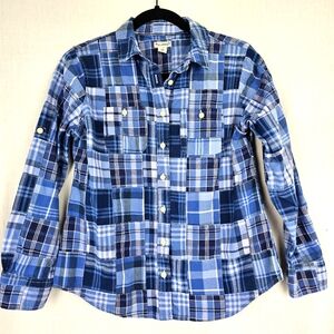 LL Bean Women's Patchwork Shirt Button Up Long Sleeve Top Blue White Size XS Pet